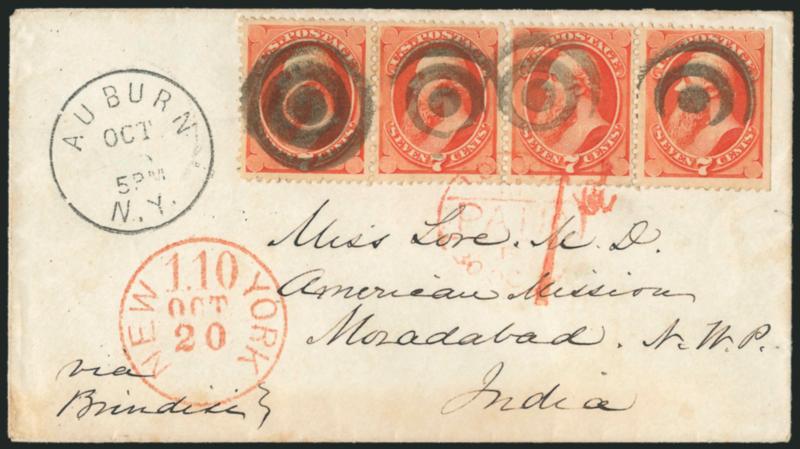 7c Orange Vermilion (160).> Horizontal strip of four, choice centering, vivid color, s.e. at right, tied by bold strikes of target cancel, Auburn N.Y. Oct. 18 circular datestamp on ca. 1875 cover <to
Moradabad, India,> senders routing <<Via Brind