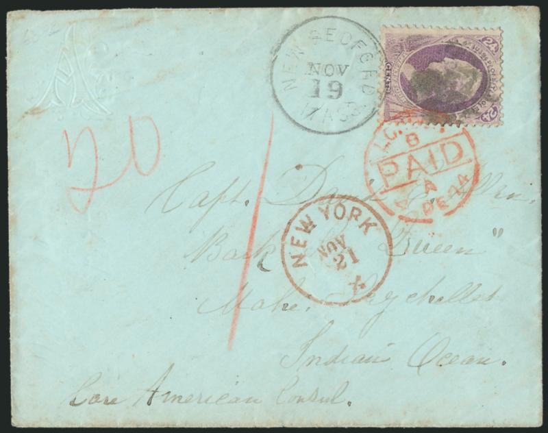 24c Purple (153).> Tied by cork cancel and New Bedford Mass. Nov. 19 (1874) circular datestamp on light green polite size cover to Captain David E. Allen aboard the Bark <<Sea Queen>> in care of the U.S.
consul on <Mahe Island in the Seychelles,>
