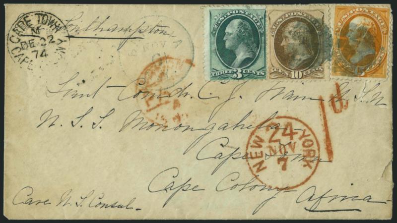 3c Green, 10c Brown, 15c Yellow Orange (158, 161, 163).> Bright colors, tied by segmented cork cancels, Batavia N.Y. Nov. 6 (1874) circular datestamp on cover to a lieutenant aboard the U.S.S. <<Monogahela>>
in care of U.S. consul at <Cape Colony,