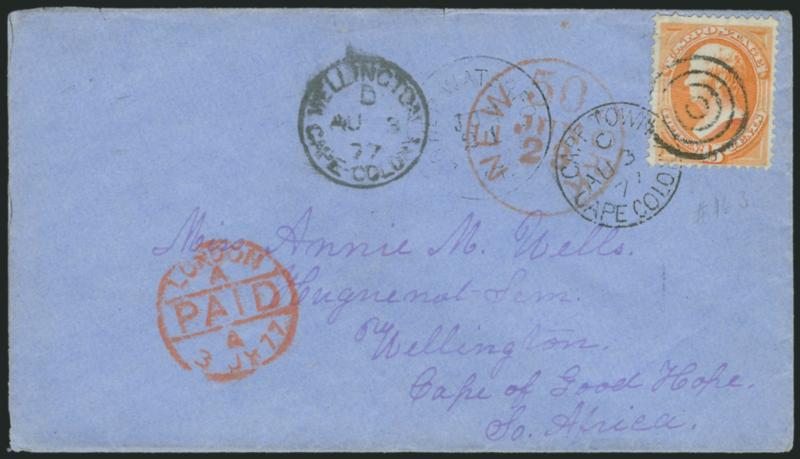15c Yellow Orange (163).> Brilliant color, cancelled by target, Lower Waterford Vt. Jul. 21 circular datestamp on blue cover <to Wellington, Cape of Good Hope,> red New York 50 centimes credit datestamp, red
London Paid datestamp, Wellington and