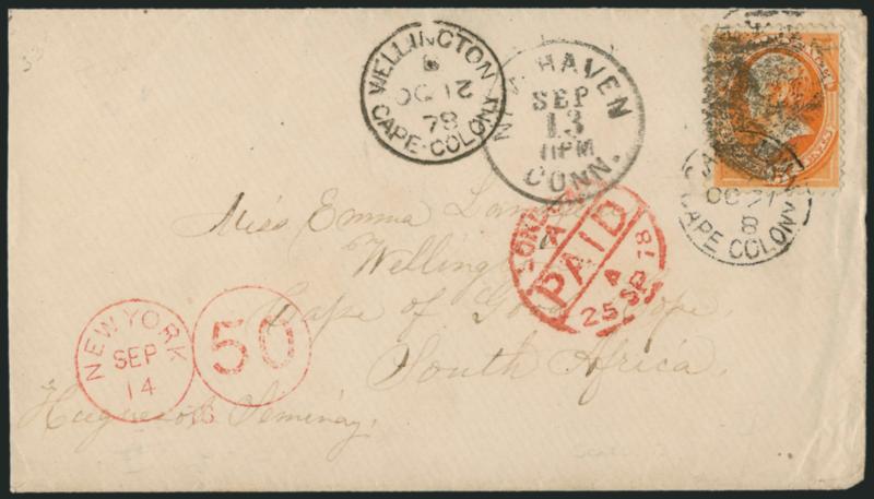 15c Yellow Orange (163).> Radiant color, tied by bold cork cancel, New Haven Conn. Sep. 13 (1878) circular datestamp on cover <to Wellington, Cape of Good Hope,> red New York 50 centimes credit datestamp, red
London Paid transit datestamp, Cape T