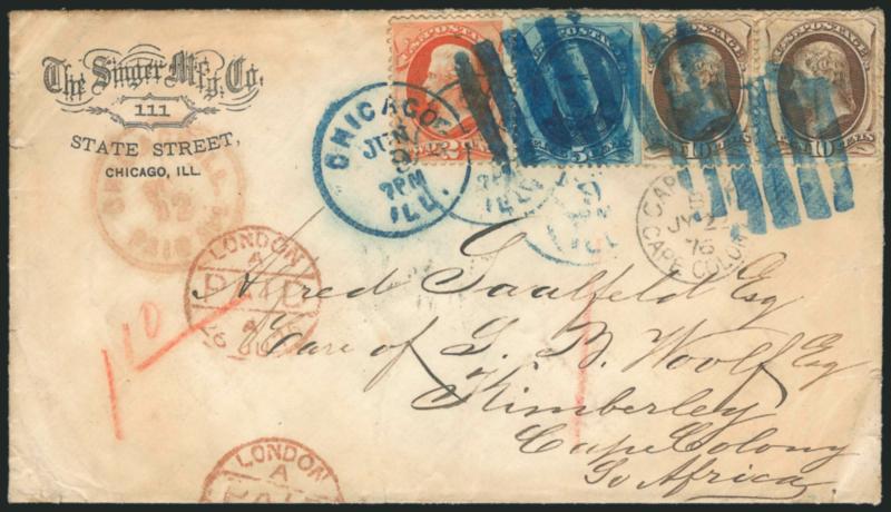 2c Vermilion, 5c Blue, 10c Brown (161, 178, 179).> 10c pair, 5c and 10c s.e., tied by bold strikes of blue 5-bar square grid and matching Chicago Ill. Jun. 9 7PM (1876) duplex datestamp on Singer Manufacturing
Co. corner card cover <to Kimberley, C