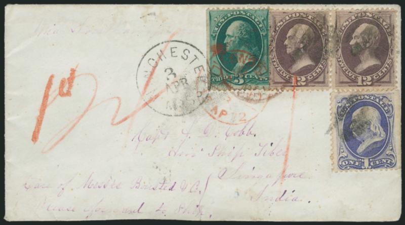 1c Ultramarine, 3c Green, 12c Dull Violet (145, 147, 151).> 12c horizontal pair, 1c and 3c s.e., tied by cork cancels and Winchester Mass. Apr. 3 (1872) circular datestamp on cover to Captain A. D. Cobb aboard
the Ship <<Tiber>> in care of a forwar