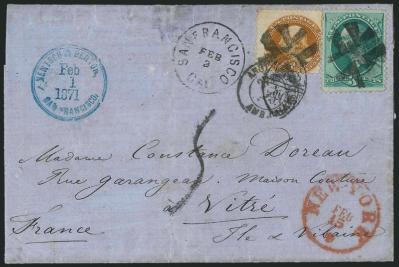 3c Green (147).> Used with <1c Buff (112),> perfs in, each tied by circle of Vs cancel, San Francisco Cal. Feb. 3 (1871) circular datestamp on blue folded cover <to Nitre, France,> senders blue circular
datestamp, red New-York Feb. 15 transit d