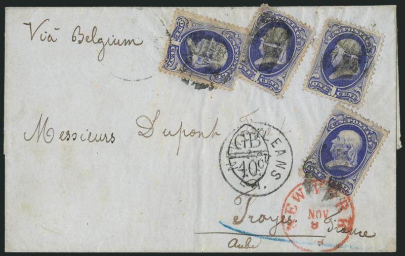 1c Ultramarine (145).> Four, tied or cancelled by segmented cork with duplex New Orleans La. Nov. 4 (1870) circular datestamp on folded cover <to Troyes, France,> senders route directive <<Via Belgium>>, red
New-York Nov. 9 transit datestamp,