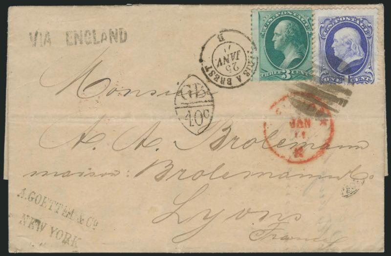 1c Ultramarine, 3c Green (145, 147).> Tied by <New York Foreign Mail Grid> cancel on 1871 folded letter <to Lyons, France,> red New York Jan. 11 circular datestamp, red London backstamp (Jan. 23), Brest
receiving datestamp (Jan. 25), GB40c Anglo