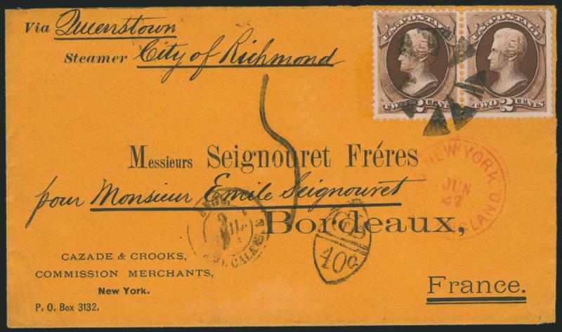 2c Brown (157).> Horizontal pair, deep rich color, tied by neat strike of <New York Foreign Mail Circle of Wedges> cancel (similar to Ty. TR-13E), red New York Paid to England Jun. 27 (1874) circular datestamp
on orange-buff cover with printed addr