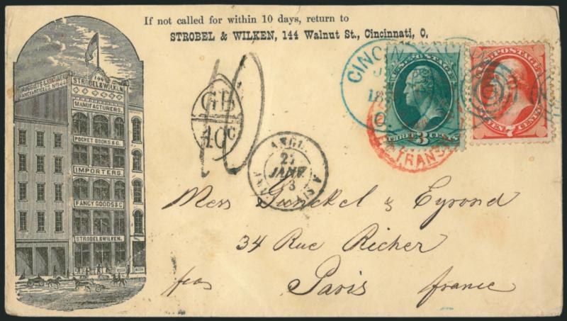 3c Green, 7c Vermilion (147, 149).> Bright colors, tied by <blue> Cincinnati O. Jan. (8?) 1873 duplex circular datestamp and target cancel on <importers illustrated building corner card cover to Paris,
France,> prepaid for 10c rate but over the on