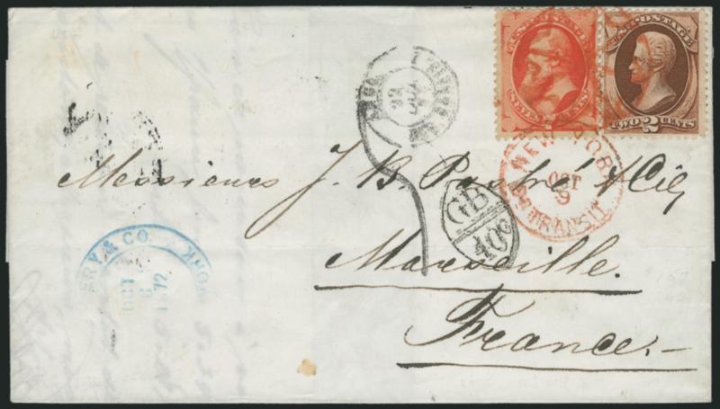 2c Red Brown, 7c Vermilion (146, 149).> Tied by well-struck <red New York Foreign Mail Geometric> cancel (Weiss GE-EN3) and matching New York Br. Transit Oct. 9 (1872) circular datestamp on folded letter <to
Marseilles, France,> blurry Calais trans