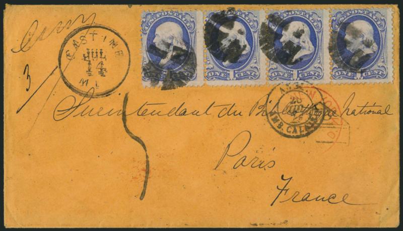 1c Ultramarine (156).> Horizontal strip of four, perfs in, bright shade, tied by quartered cork cancels, Castine Me. Jul. 14 (1874) .circular datestamp on unsealed buff cover <to Paris, France,> red New York
Paid to England Jul. 15 transit datest