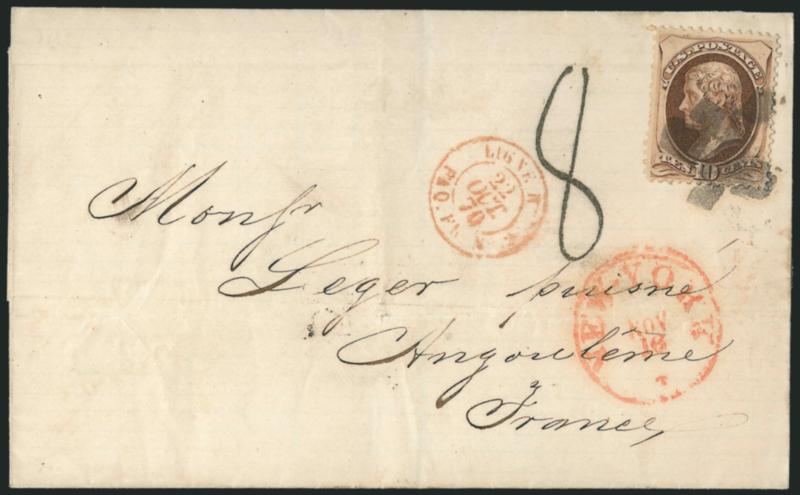 10c Brown (150).> Choice centering, tied by unlisted <New York Foreign Mail> type cancel on folded cover <to Angouleme, France,> red New-York Nov. 16 (1870) circular datestamp, red <Ligne H Paq. Fr. No. 2 22
Oct. 70 entry datestamp with incorrect