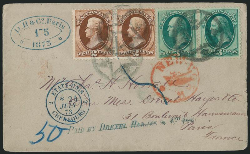 2c Red Brown, 3c Green, Grill (135, 136).> Both H. Grills, horizontal pairs, 3c superb centering, tied by clear strikes of <New York Foreign Mail Star> cancel (Weiss ST-8P10) and red New-York  Jun. 12 (1873)
circular datestamp on small grayish cove