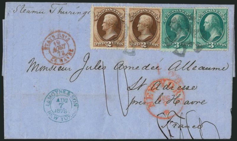 2c Red Brown, 3c Green (146, 147).> 2c pair and two 3c tied by two clear strikes of <New York Foreign Mail Circle of Three Notched Vs> cancel (Weiss TR-M7), red New-York Aug. 7 (1873) circular datestamp on
blue folded letter <to St. Adresse, Franc
