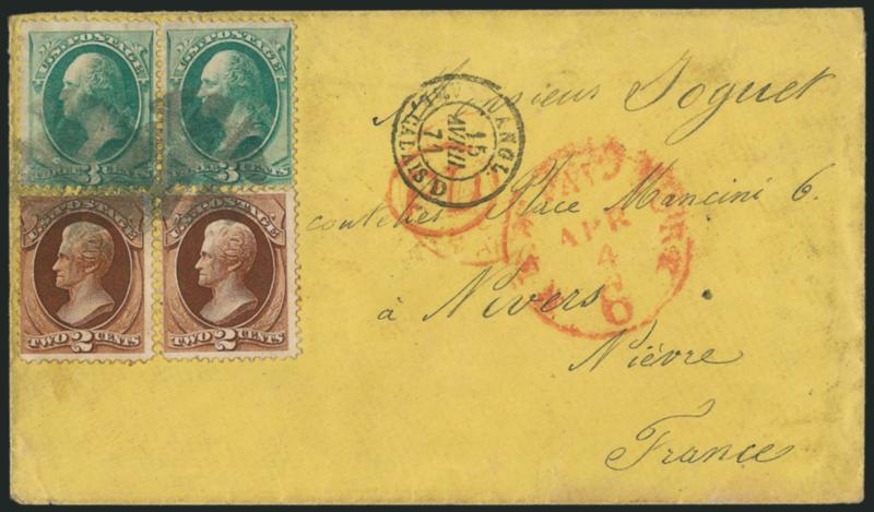 2c Red Brown, 3c Green (146, 147).> Two of each, tied by quartered cork cancel, red New York Paid 6 Apr. 4 (1871) credit datestamp on yellow cover <to Nevers, France,> partly visible red London Paid datestamp
(Apr. 14) and PD oval, Calais trans