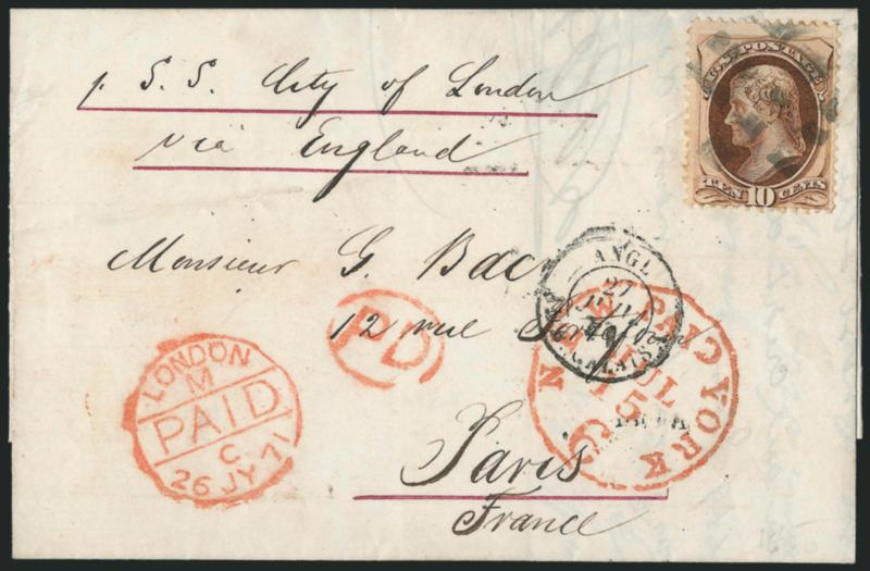 10c Brown (150).> Tied by <New York Foreign Mail Segmented Grid> cancel, red New York Paid 6 Jul. 15 (1871) credit datestamp on folded letter <to Paris, France,> senders routing <<p. SS City of London via
England,>> red London Paid datestamp (