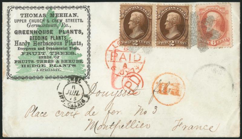 2c Red Brown, 6c Dull Pink (146, 159).> 2c pair, tied by light cork cancels, Phila. Pa. Jun. 23 and red Philad. Paid All Jun. 23 (1874) datestamps on back of <plant growers green and black illustrated corner
card cover to Montpellier, France,> a