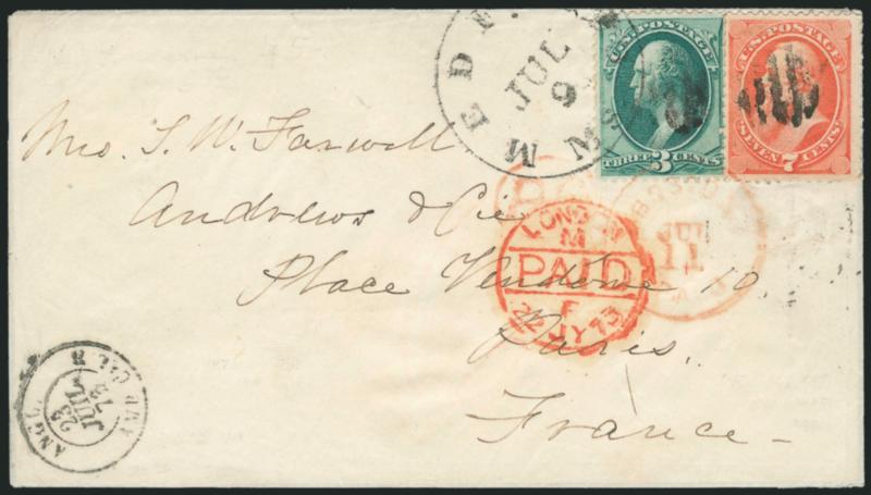 3c Green, 7c Vermilion (147, 149).> Bright colors, cancelled by small grids and tied by Medford Ms. Jul. 9 circular datestamp on 1873 cover <to Paris, France,> red Boston transit datestamp also ties stamps,
red London Paid transit datestamp, rece