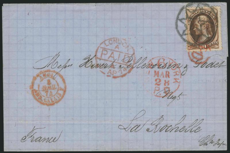 10c Brown (161).> Deep rich color, tied by well-struck <New York Foreign Mail Star> cancel (Weiss ST-MP3), red New York P.D. 6 Mar. 28 (1874) credit datestamp on blue folded cover <to La Rochelle, France,> red
London Paid (Apr. 8) and Calais tran