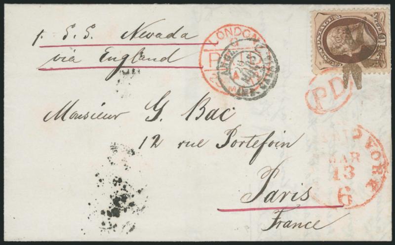 10c Brown (150).> Choice centering, bright color, tied by <brown New York Foreign Mail Circle of Arrowheads> cancel (Weiss TR-C7) on 1872 folded letter <to Paris, France,> senders ship routing <<p. S.S. Nevada
via England,>> red New York Paid 6 M
