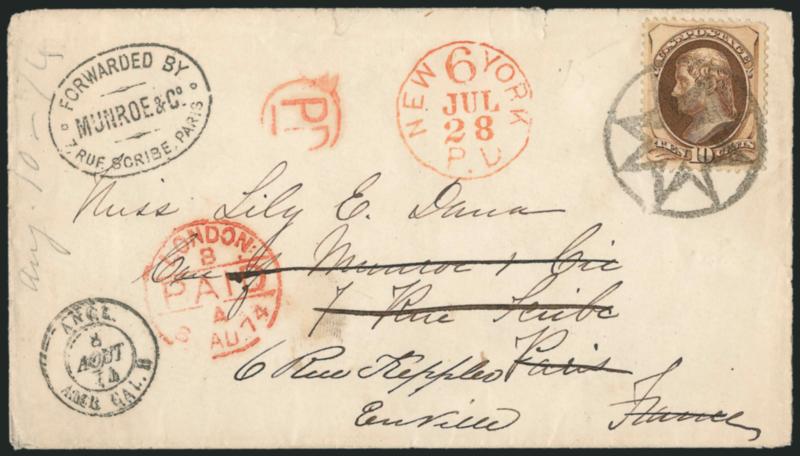 10c Brown (161).> Tied by perfect strike of <New York Foreign Mail Star> cancel (Weiss ST-8P3) on cover <to Paris, France and forwarded within Paris,> red New York P.D. 6 Jul. 28 (1874) credit datestamp, red
London Paid datestamp (Aug. 8) and PD