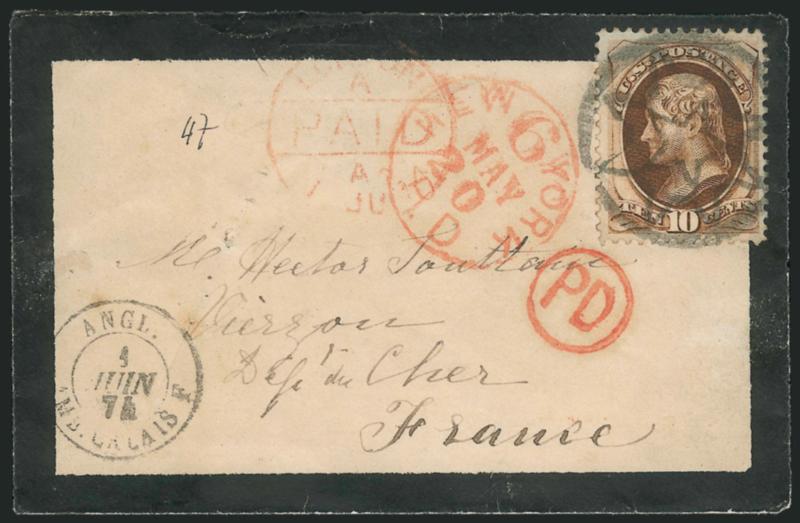 10c Brown (161).> Choice centering, tied by well-struck <New York Foreign Mail Star> cancel (Weiss ST-MP3) on small mourning cover <to Vierzon, France,> red New York P.D. 6 May 20 (1874) credit datestamp,
Calais transit datestamp, receiving backsta