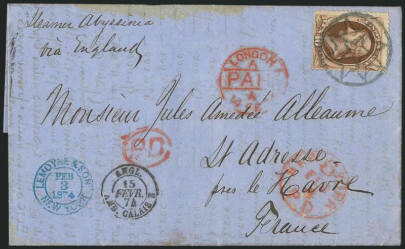 10c Brown (161).> Tied by clear strike of <New York Foreign Mail Star> cancel (Weiss ST-MP3) on blue folded letter <to St. Adresse, France,> red New York P.D. 6 Feb. 4 (1874) credit datestamp, senders blue
datestamp and <<Steamer Abyssinia via En