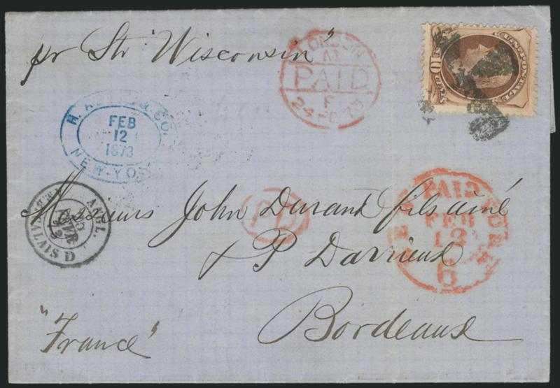 10c Brown (150).> Bright shade, tied by well-struck <New York Foreign Mail Propeller> cancel (Weiss TR-M5), red New York Paid 6 Feb. 12 (1873) credit datestamp on blue folded letter <to Bordeaux, France,>
senders ship-name directive <<pr Str Wisc