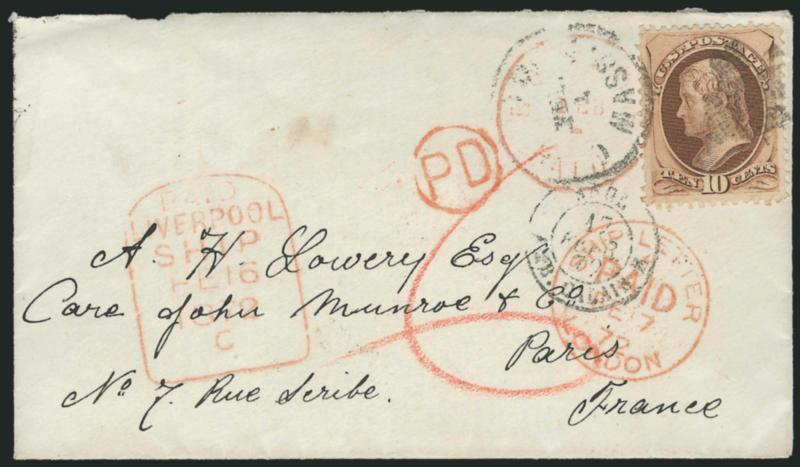 10c Brown (150).> Rich color, tied by cork cancel and partly readable Cambridge Mass. circular datestamp on 1872 cover <to Paris, France,> red Boston Paid Feb. 2 circular datestamp also ties stamp, red 6
crayon credit, red <Paid Liverpool Ship F