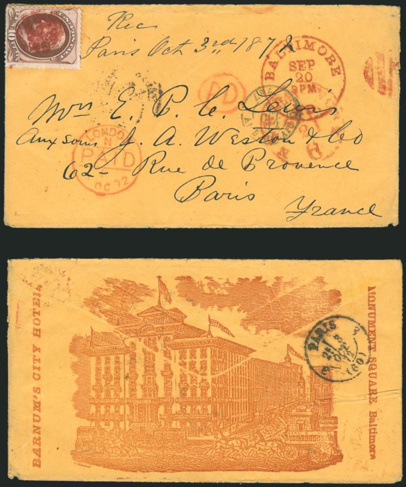 10c Brown (150).> Cancelled by <red> 5-bar grid, matching Baltimore Md. Sep. 20 9PM circular datestamp on buff cover <to Paris, France, with illustrated Barnums City Hotel advertisement on back> red New York
Paid 6 Sep. 21 credit datestamp, red