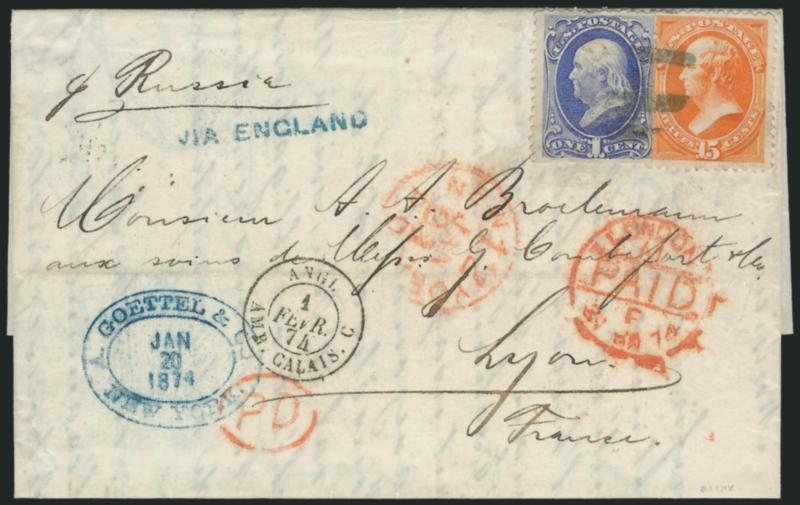 1c Ultramarine, 15c Yellow Orange (156, 163).> Cancelled by large open grid, red New York P.D. 12 Jan. 21 credit datestamp on 1874 folded letter <to Lyon, France,> senders blue Via England handstamp and <<p
Russia>> ship-name directive, red Lo