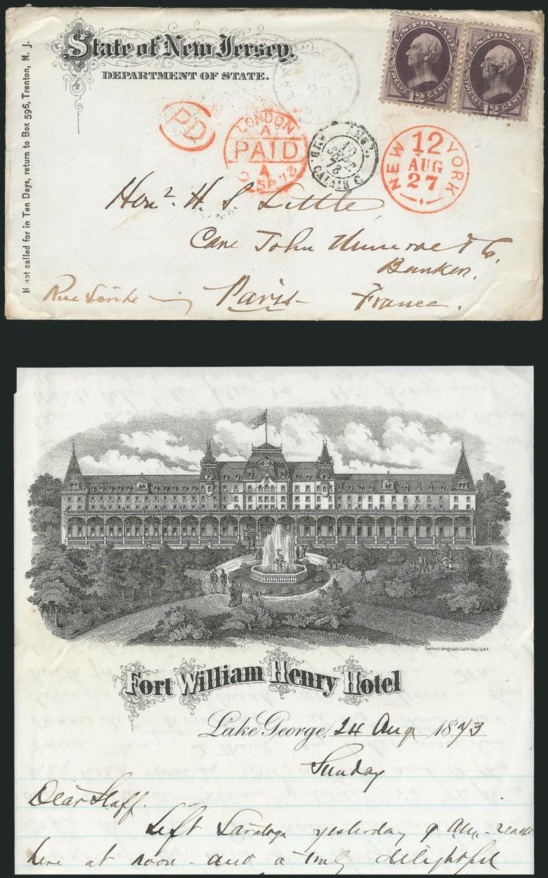 12c Dull Violet (151).> Two, tied by lightly struck grid cancels, Lake George N.Y. Aug. 25 (1873) circular datestamp on <State of New Jersey, Department of State corner card cover to Paris, France,> red New
York 12 Aug. 27 credit datestamp, red L
