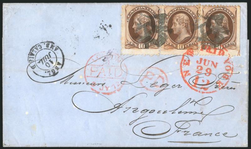 10c Brown (150).> Horizontal strip of three with straddle-pane margin and guide arrow at right, cancelled by odd-shaped cork and tied by red New York Paid 12 Jun. 29 (1872) credit datestamp on blue folded
cover <to Angouleme, France,> red London P