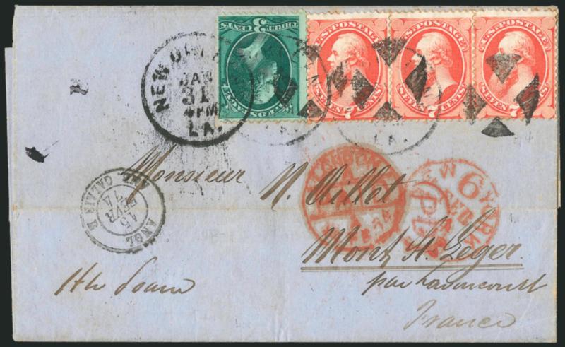 7c Vermilion, Grill (138).> H. Grill, three singles, vivid color and strong grill impressions, used with <3c Green (158),> tied by New Orleans La. Jan. 21 4PM (1874) duplex datestamp and quartered cork cancels
on blue folded letter <to Mont-Saint-L
