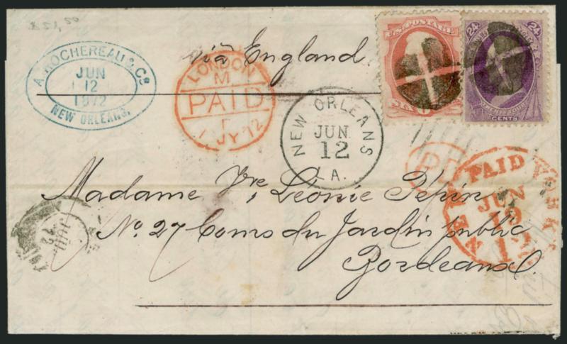 24c Purple (153).> Deep rich color, used with <6c Carmine (148),> cancelled by bold strikes of quartered cork, New Orleans La. Jun. 12 (1872) circular datestamp on folded letter <to Bordeaux, France,> red New
York Paid 12 Jun. 19 credit datestamp