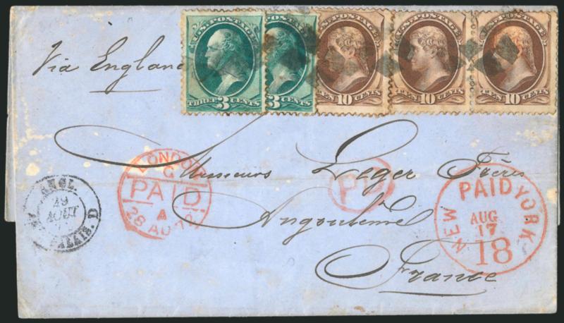 3c Green, 10c Brown (147, 150).> Two 3c, three 10c slightly overlapping, cancelled by <New York Foreign Mail 4 Diamonds> cancel (Weiss TR-G4) on blue folded cover <to Angouleme, France, rare red New York Paid
18 Aug. 17 sans-serif credit datestamp,