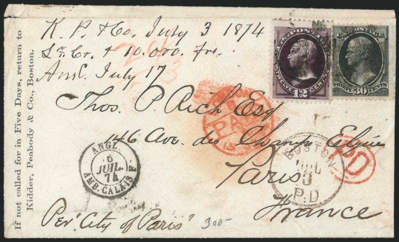 12c Blackish Violet, 30c Gray Black (162, 165).> Tied by cork cancels, Boston P.D. Jul. 3 (1874) circular datestamp on cover <to Paris, France,> senders ship directive <<Per City of Paris>>, red crayon 243
credit, red London Paid (Jul. 15