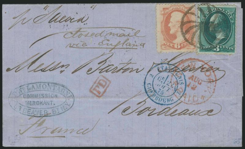 3c Green, 6c Dull Pink (158, 159).> Rich colors, tied by <New York Foreign Mail Pinwheel> cancel (Weiss GE-C4), red New York Paid Aug. 12 (1875) circular datestamp on blue folded cover <to Bordeaux, France,>
endorsed <<Closed mail via England>>,