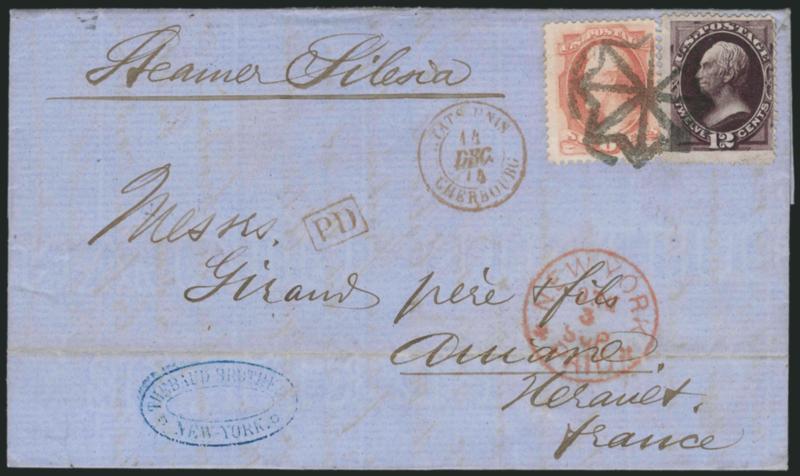 6c Dull Pink, 12c Blackish Violet (159, 162).> Tied by single clear strike of <New York Foreign Mail Geometric> cancel (Weiss GE-EN3), clear strike of <red New York Paid Dec. 3 Sup. Type E Supplementary Mail>
circular datestamp on blue folded lette