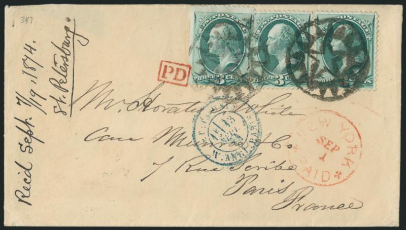 3c Green (158).> Three, left stamp s.e. at left, tied by two bold strikes of <New York Foreign Mail Star> cancel (Weiss ST-MP4), red New York Paid Sep. 1 (1874) circular datestamp on cover <to Paris, France,>
blue Paris circular datestamp, red boxe