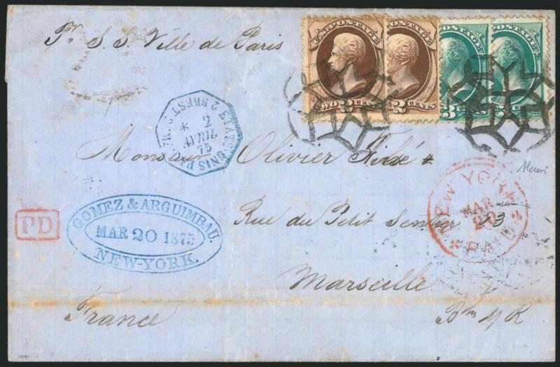 2c Brown, 3c Green (157, 158).> Two of each overlapping, tied by two bold strikes of <New York Foreign Mail Geometric> cancel (Weiss GE-EN5) on blue folded cover <to Marseille, France,> senders blue oval
datestamp and ship-name directive <<Pr. S. S