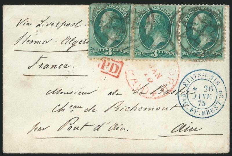 3c Green (158).> Horizontal pair and single, tied by two strikes of <New York Foreign Mail Star> cancel (Weiss ST-8P7) and red New York Paid Jan. 15 (1875) circular datestamp on small cover <to Pont dAin,
France,> single also tied by red boxed PD