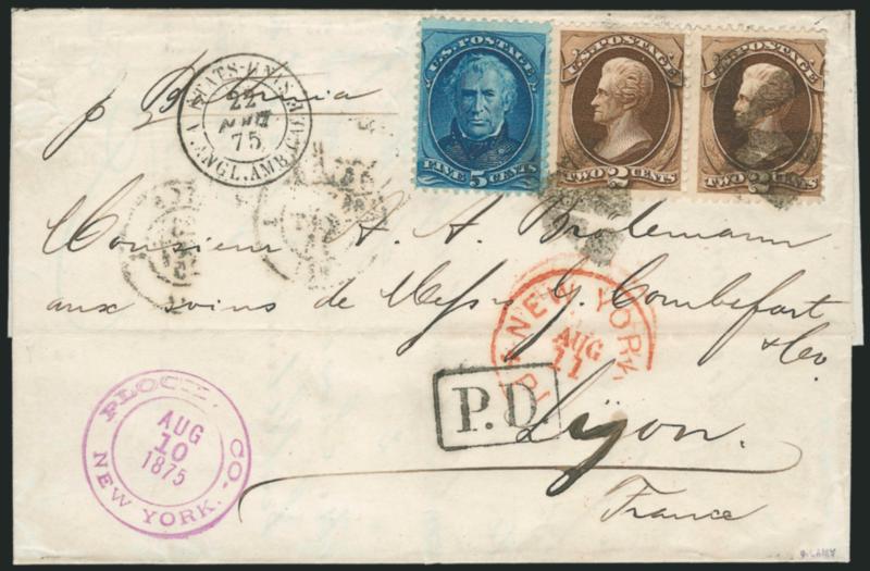 2c Brown, 5c Blue (157, 179).> 2c horizontal pair, tied by <New York Foreign Mail Spokes> cancel (Weiss TR-S4), red New York Paid Aug. 11 (1875) circular datestamp on folded letter <to Lyon, France,> boxed
P.D. handstamp, French transit datestamp