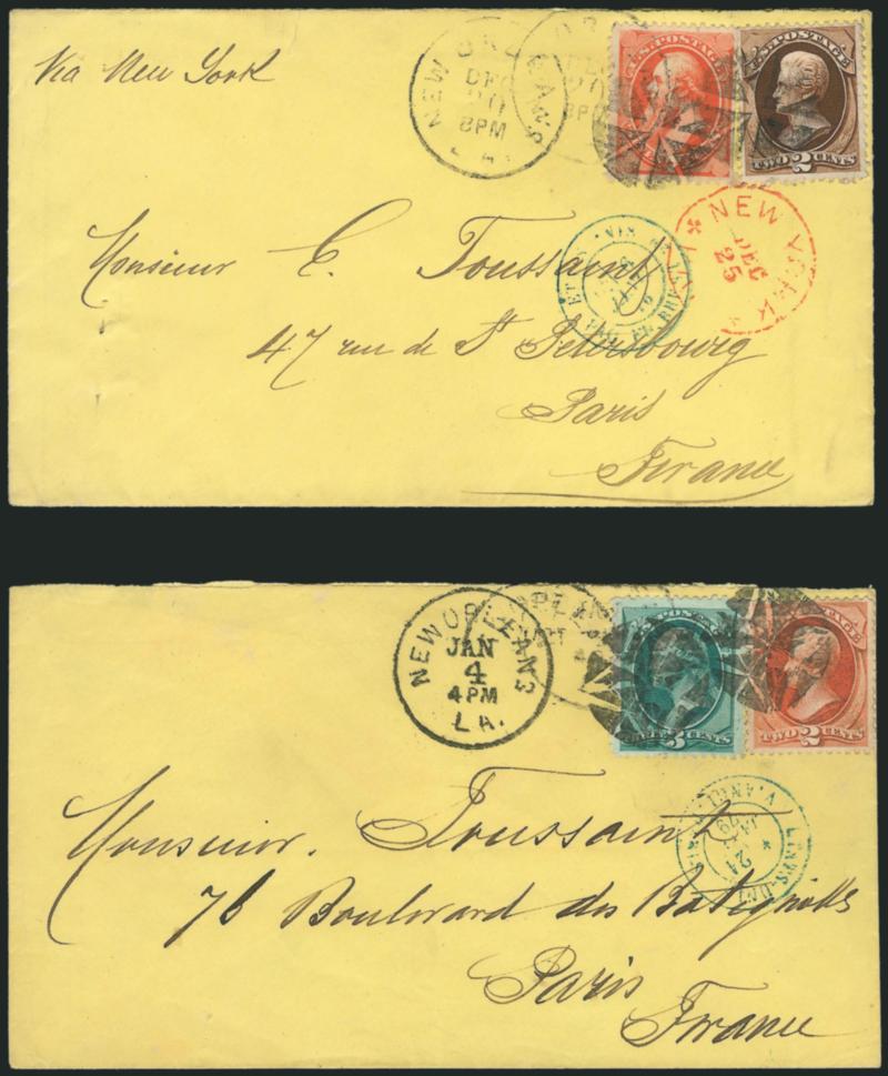 2c Brown, 7c Orange Vermilion (157, 160).> 7c s.e. at right, tied by circle of wedges cancel and New Orleans La. Dec. 20 8PM duplex datestamp on bright yellow cover <to Paris, France,> red New York and blue
French transit datestamps, filing pinhole