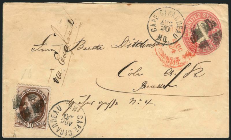 10c Brown, Grill (139).> H. Grill (a few points visible), tied by quartered cork cancel on 3c Pink entire (U34), cancelled by Cape Girardeau Mo. Aug. 20 (1870 or 1871) circular datestamp <to Cologne, Germany,>
endorsed <<via England>>, red New Y