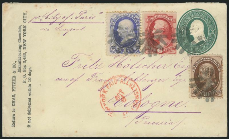 2c Red Brown, 6c Carmine, 10c Brown (146, 148, 150).> 6c s.e., rich colors, tied by <New York Foreign Mail Circle of Vs> cancel (Weiss TR-W4b) on 3c Green entire (U83) addressed in violet <to Cologne,
Germany,> senders routing <<pr City of Paris v