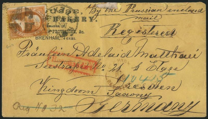 15c Orange, Grill (141).> H. Grill, s.e. at left, strong grill, tied by Brenham Tex. May 15 (1870 or 1871) duplex datestamp and quartered cork cancel on <E. Busse, Texas Bakery and Dealer in Groceries,
Provisions, &c. registered corner card cover