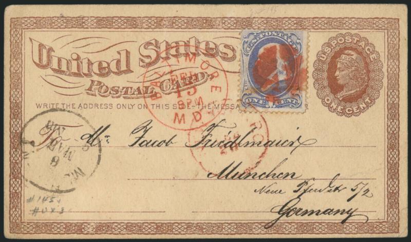 1c Ultramarine (145).> Bright shade, tied by <red cork cancel> and matching Baltimore Md. Feb. 15 circular datestamp on 1c Brown on Buff Postal Card (UX1) to <Munich, Germany,> dated 1875, red New York transit
also ties stamp, receiving datestamp,