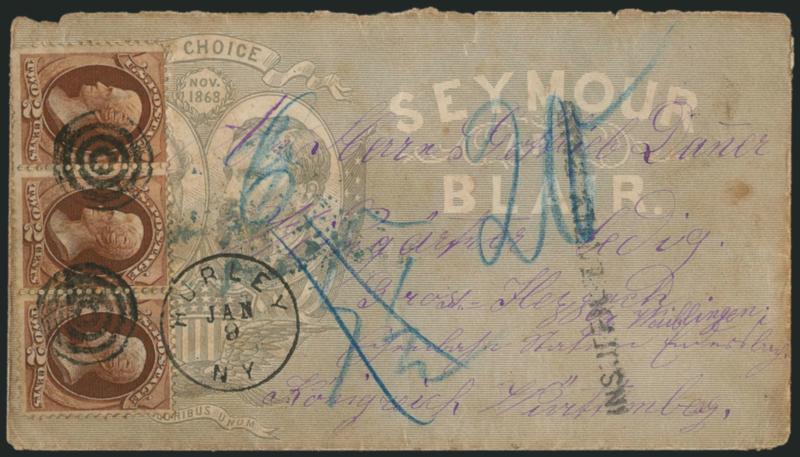 2c Red Brown (146).> Horizontal strip of three cancelled by target and tied by Hurley N.Y. Jan. 9 (1871) circular datestamp on <Seymour and Blair illustrated overall campaign cover to Wurttemberg, Germany,>
underpaid 1c for the 7c NGU Direct rate (