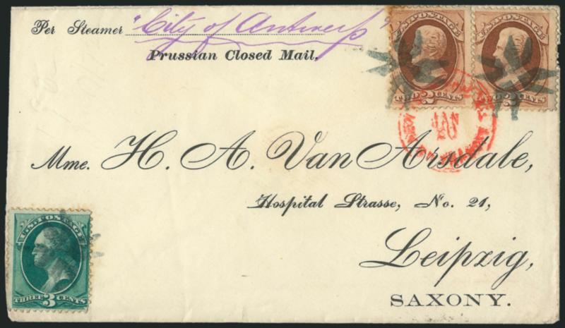 2c Red Brown, 3c Green (146, 147).> Two 2c and single 3c, each stamp tied by perfect strike of <New York Foreign Mail Circle of Arrowheads> cancel (Weiss TR-C7), 2c also tied by red New York Paid All Br.
Transit Jan. 20 (1872) circular datestamp on