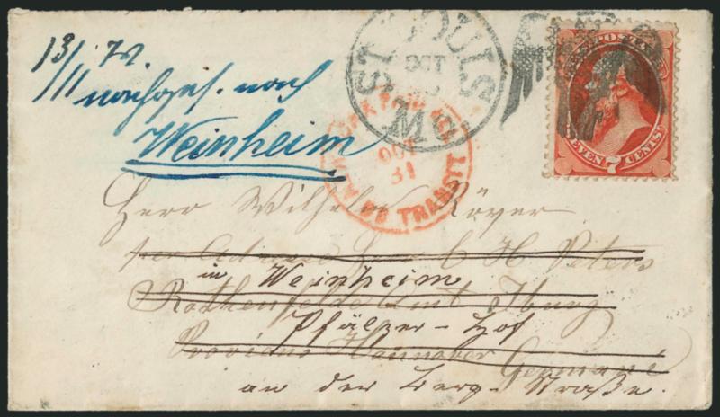 7c Vermilion (149).> Intense shade, tied by clear and essentially complete strike of <Eagle with Outstretched Wings> fancy cancel, St. Louis Mo. Oct. 29 circular datestamp on ladys small ca. 1871 cover <to
Hanover, Germany,> red New York Paid All